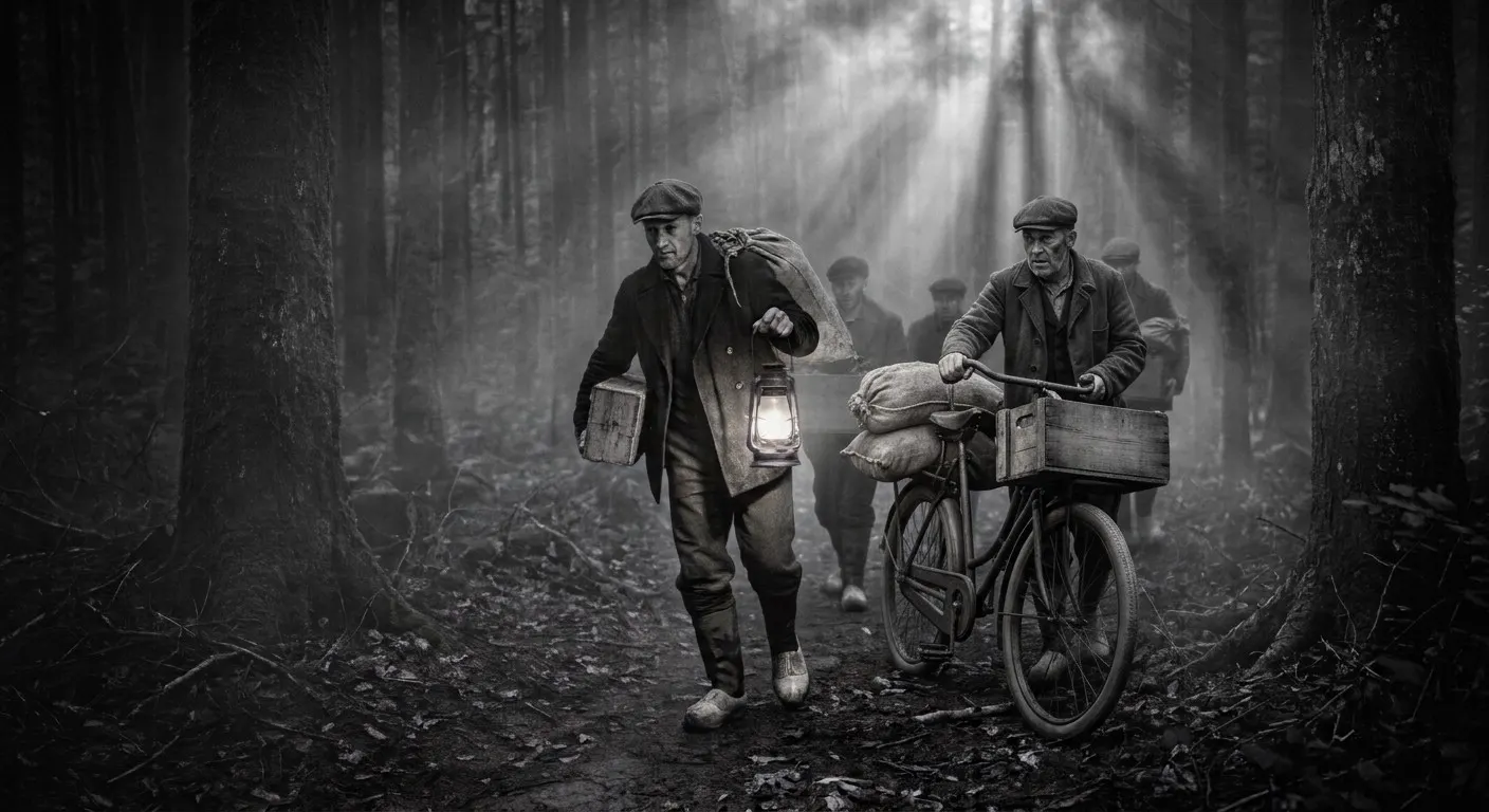 Sfeerbeeld: smokkelaars met pet en klompen trekken ’s nachts door het bos, met een lantaarn, zakken, een kist en een fiets vol smokkelwaar